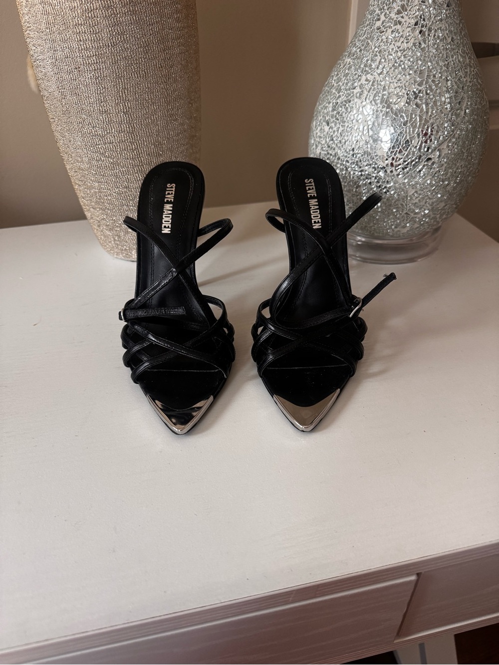 Steve Madden Black Strappy Pointed-Toe Mules with Silver Accent